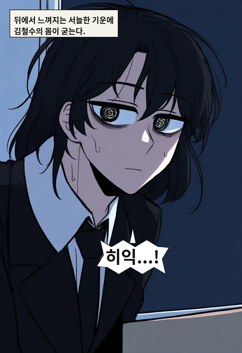 뒤에서 느껴지는 서늘한 기운에 김철수의 몸이 굳는다. / 김철수: 히익...!