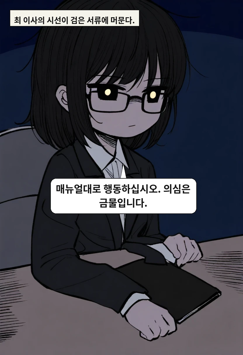 최 이사의 시선이 검은 서류에 머문다. / 최 이사: 매뉴얼대로 행동하십시오. 의심은 금물입니다.