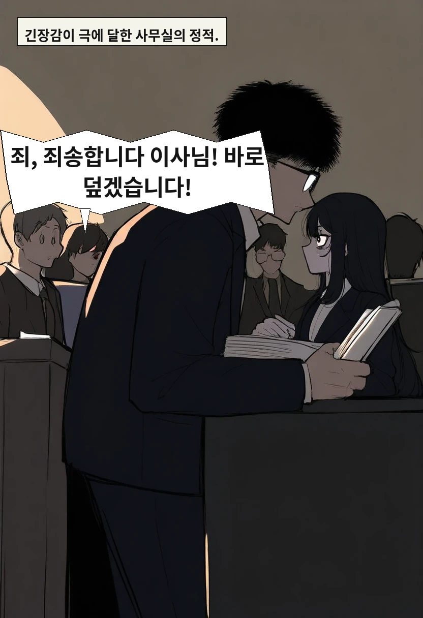 긴장감이 극에 달한 사무실의 정적. / 김철수: 죄, 죄송합니다 이사님! 바로 덮겠습니다!