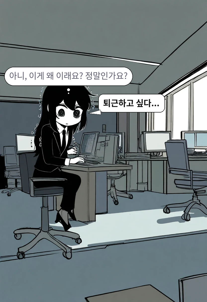김철수: 아니, 이게 왜 이래요? 정말인가요? / 김철수: 퇴근하고 싶다...