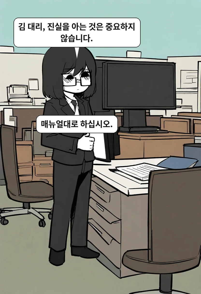 최 이사: 김 대리, 진실을 아는 것은 중요하지 않습니다. / 최 이사: 매뉴얼대로 하십시오.