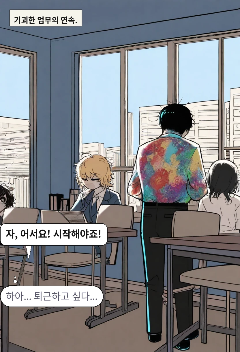 기괴한 업무의 연속. / 이 과장: 자, 어서요! 시작해야죠! / 김철수: 하아... 퇴근하고 싶다...