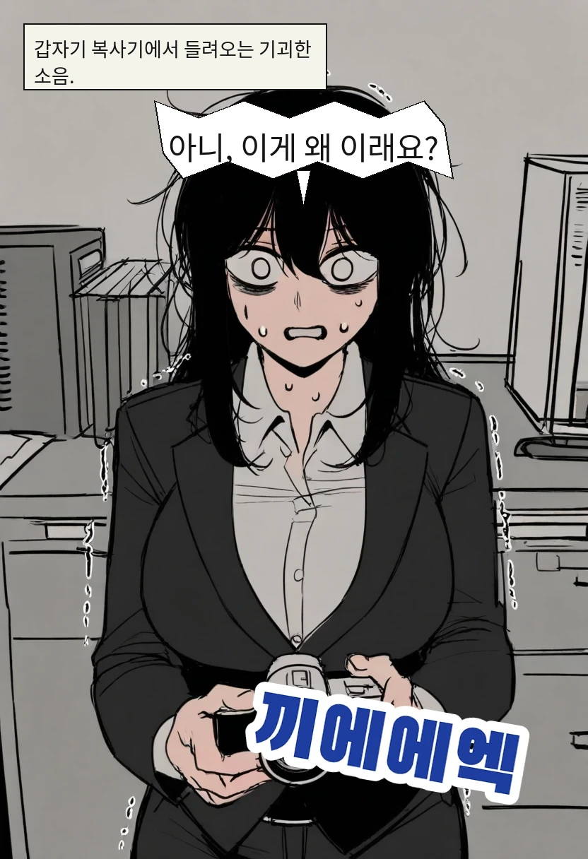 갑자기 복사기에서 들려오는 기괴한 소음. / 김철수: 아니, 이게 왜 이래요?