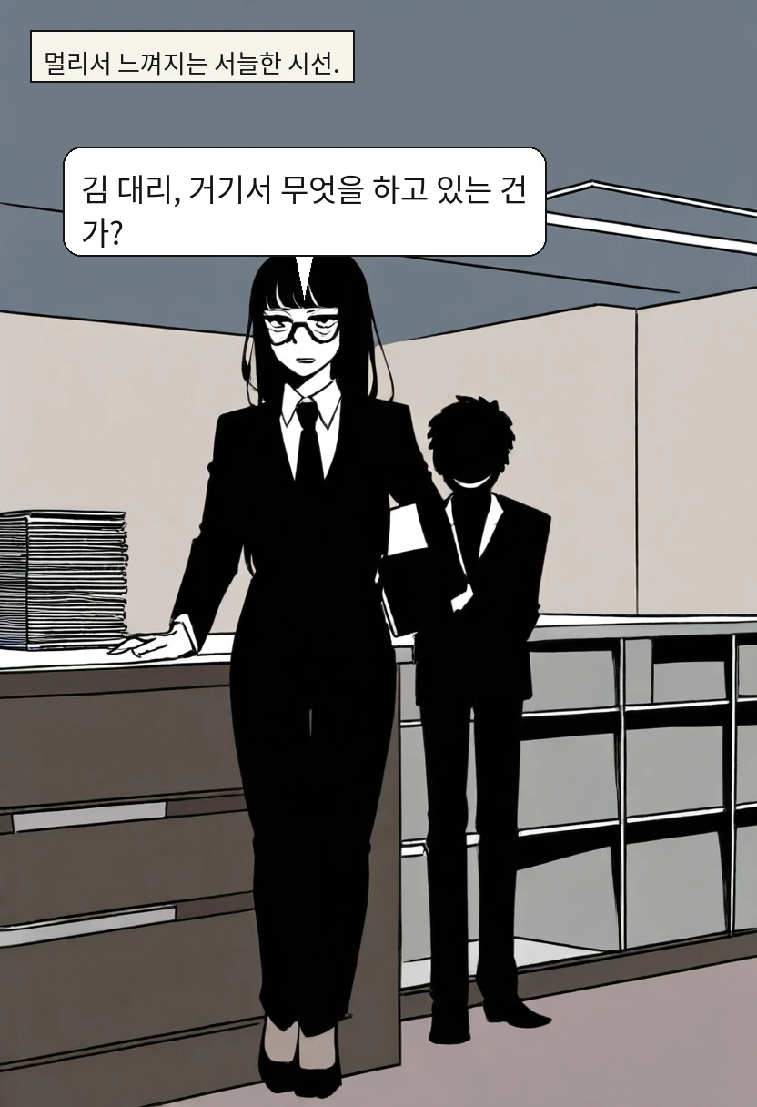 멀리서 느껴지는 서늘한 시선. / 최 이사: 김 대리, 거기서 무엇을 하고 있는 건가?