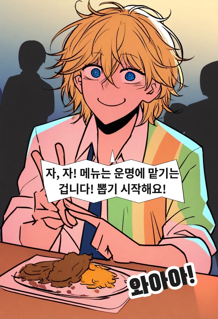 이 과장: 자, 자! 메뉴는 운명에 맡기는 겁니다! 뽑기 시작해요!