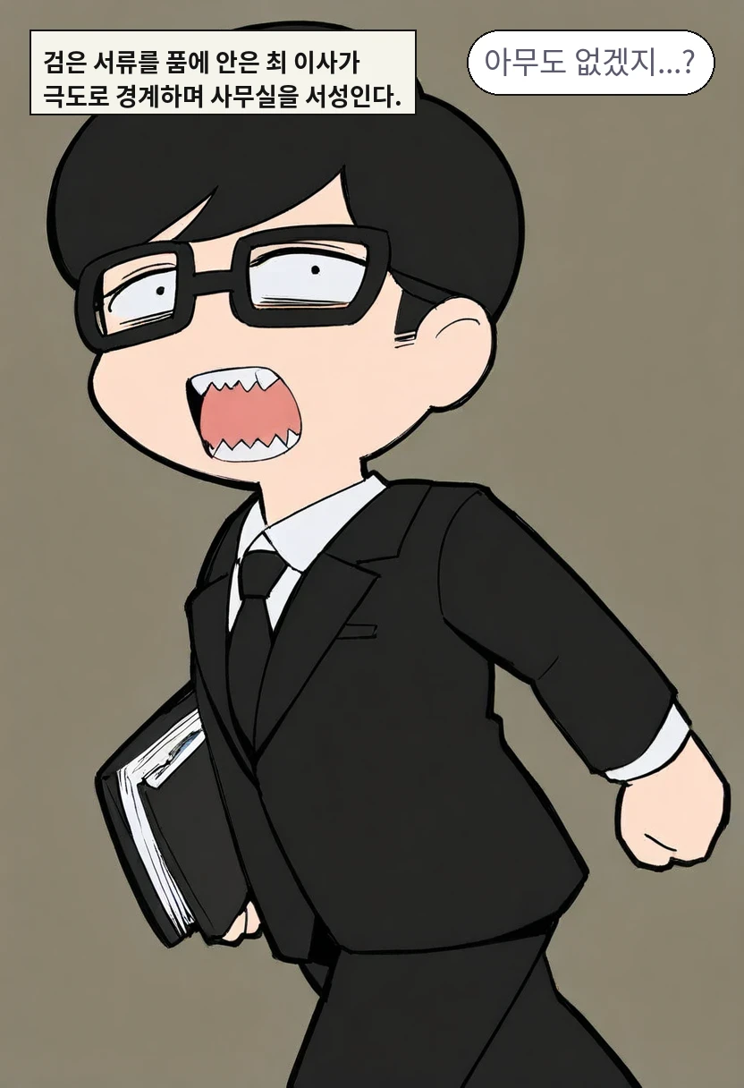 검은 서류를 품에 안은 최 이사가 극도로 경계하며 사무실을 서성인다. / 최 이사: 아무도 없겠지...?