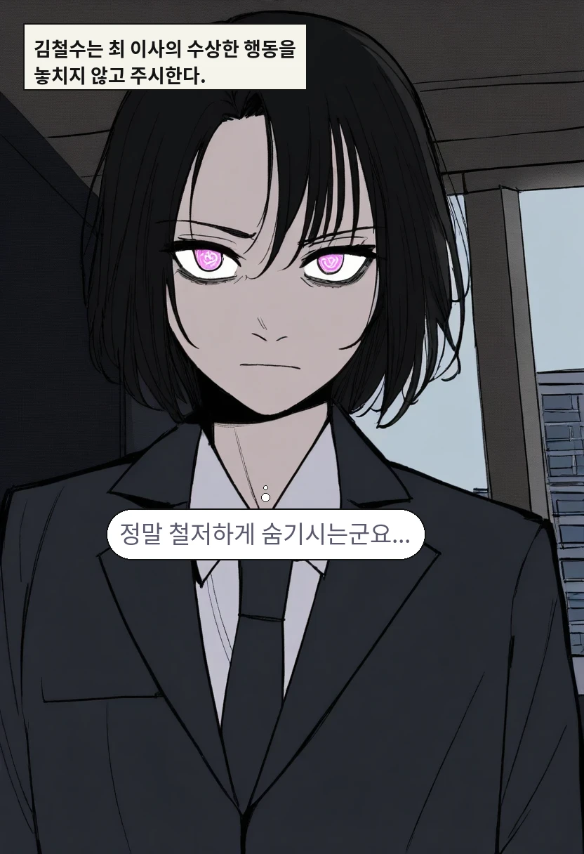 김철수는 최 이사의 수상한 행동을 놓치지 않고 주시한다. / 김철수: 정말 철저하게 숨기시는군요...