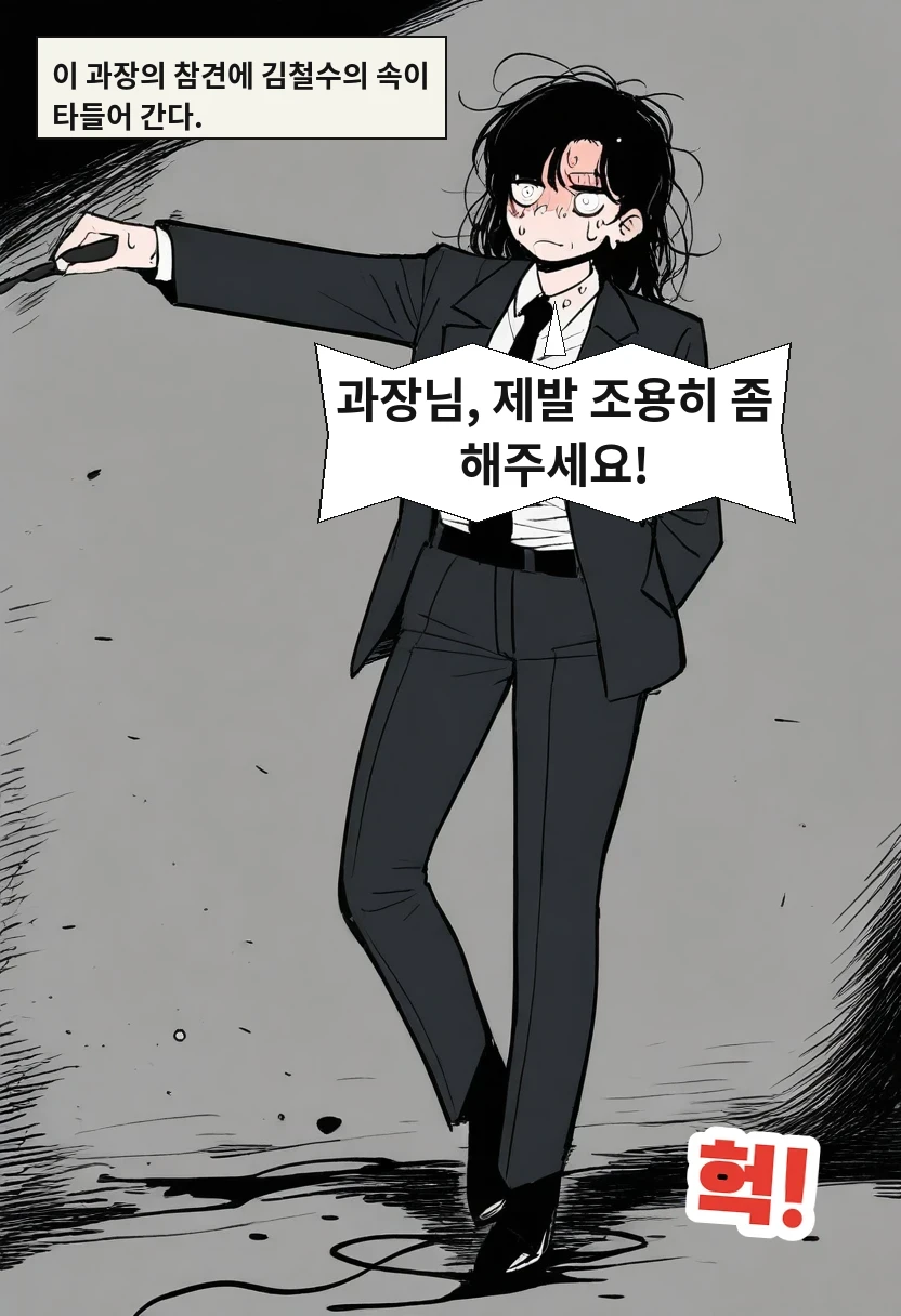 이 과장의 참견에 김철수의 속이 타들어 간다. / 김철수: 과장님, 제발 조용히 좀 해주세요!