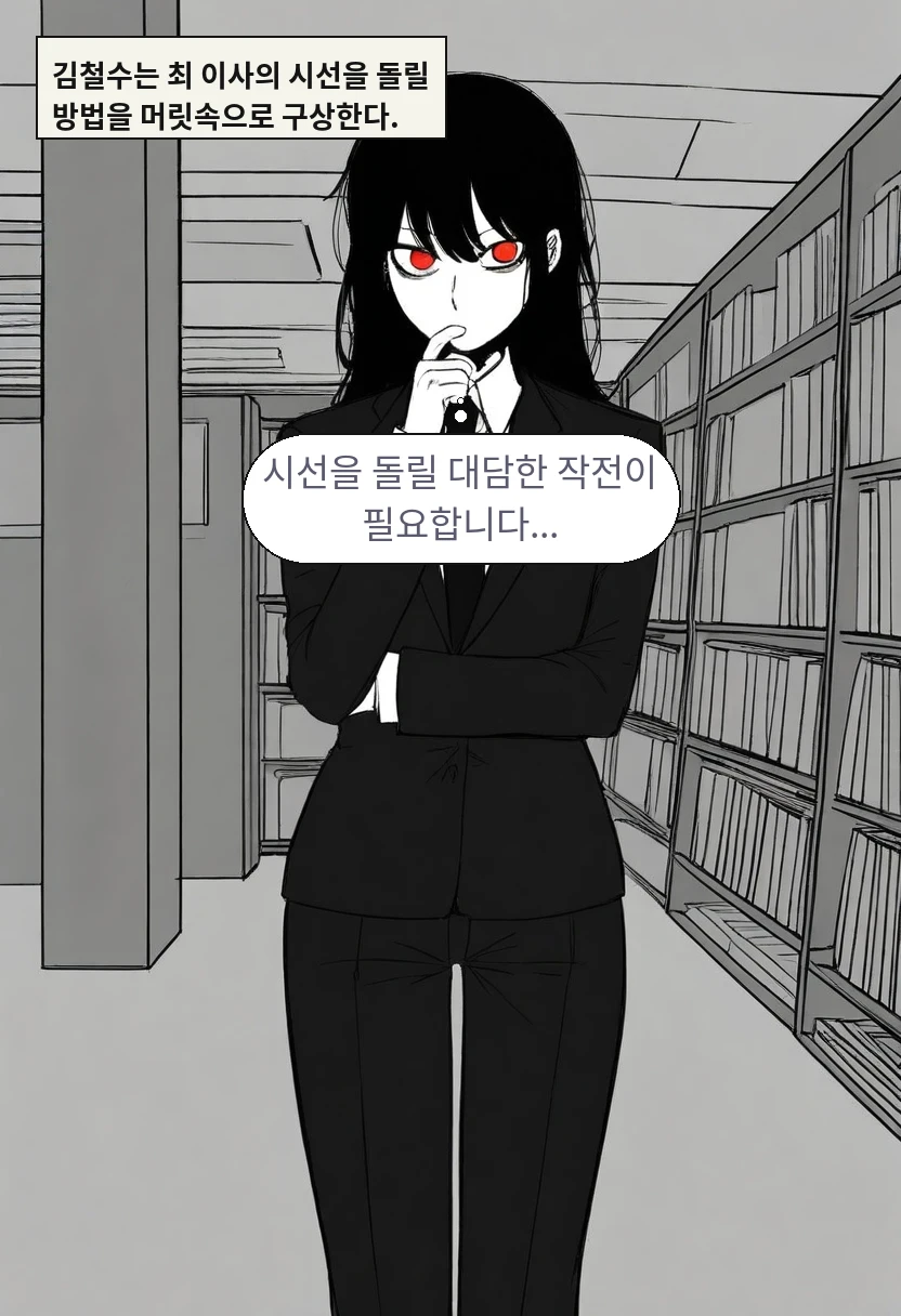 김철수는 최 이사의 시선을 돌릴 방법을 머릿속으로 구상한다. / 김철수: 시선을 돌릴 대담한 작전이 필요합니다...