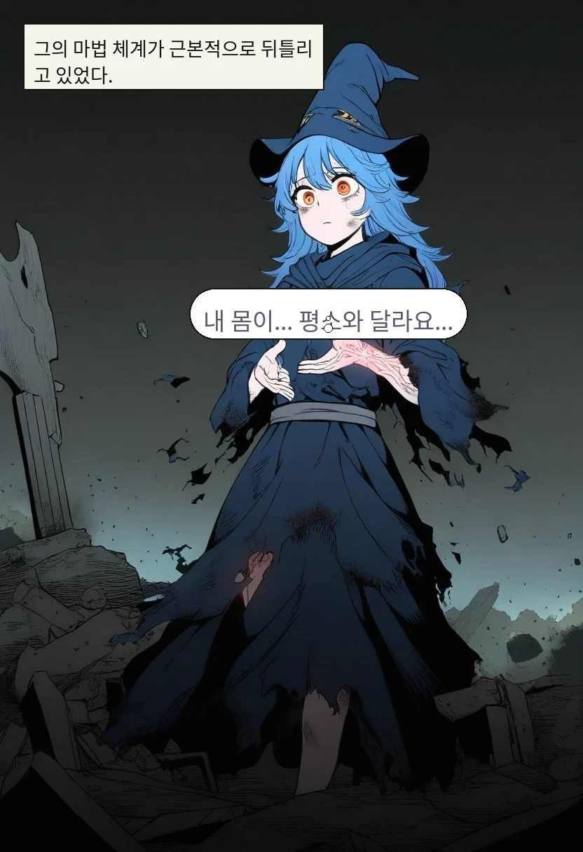그의 마법 체계가 근본적으로 뒤틀리고 있었다. / 엘리안: 내 몸이... 평소와 달라요...