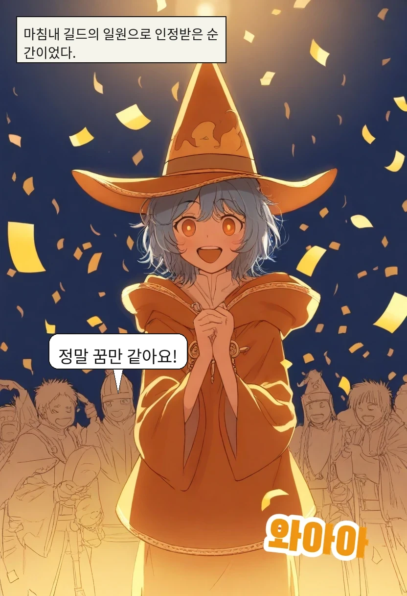 마침내 길드의 일원으로 인정받은 순간이었다. / 엘리안: 정말 꿈만 같아요!