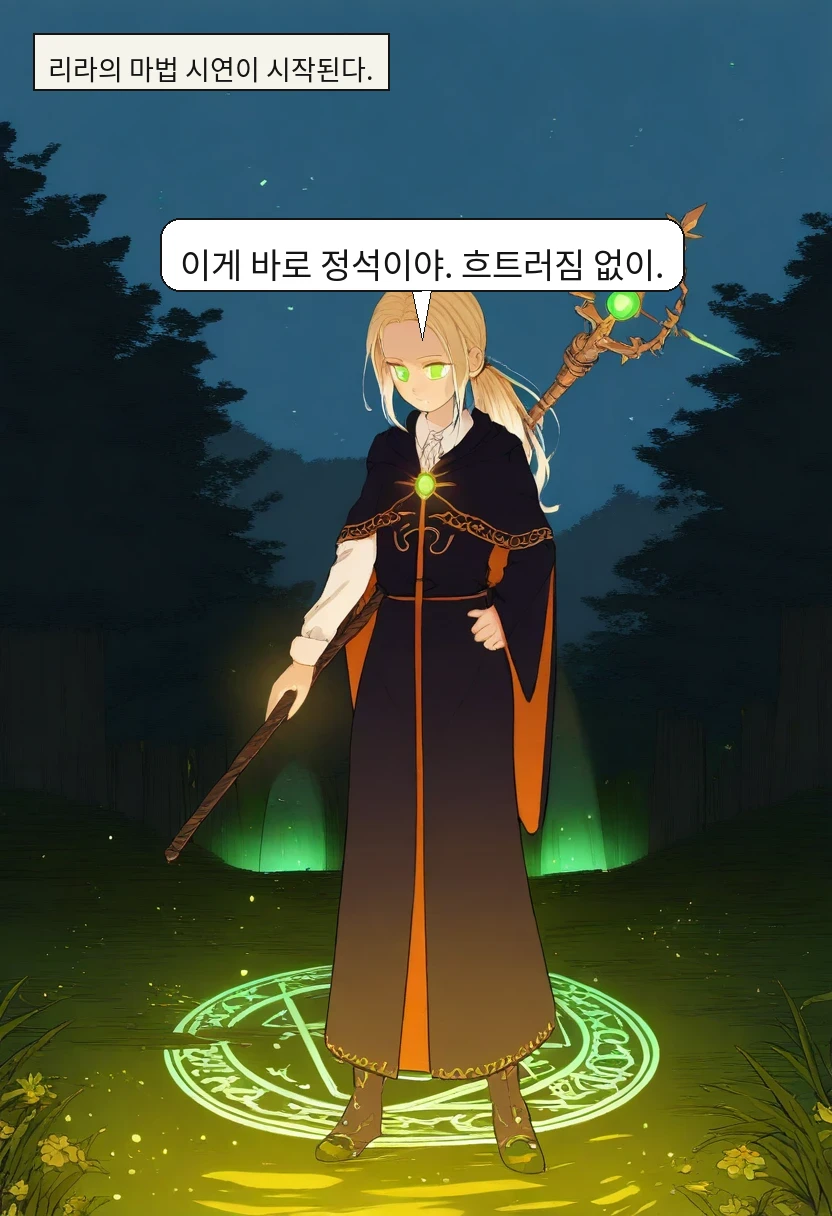 리라의 마법 시연이 시작된다. / 리라: 이게 바로 정석이야. 흐트러짐 없이.