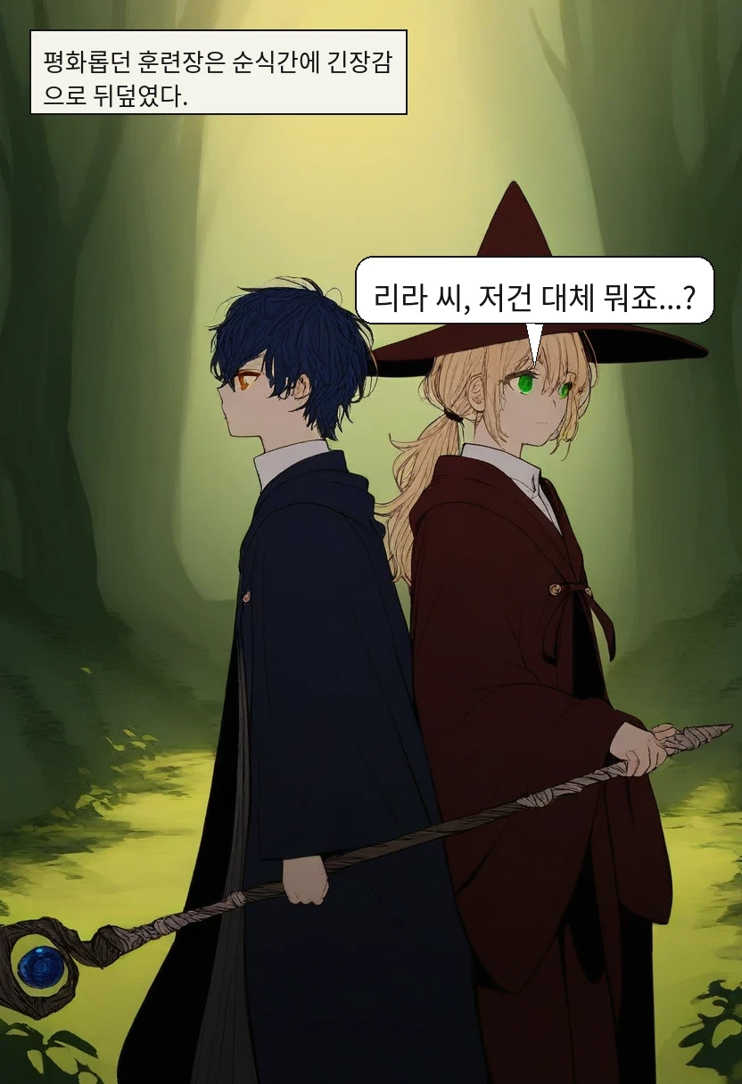 평화롭던 훈련장은 순식간에 긴장감으로 뒤덮였다. / 엘리안: 리라 씨, 저건 대체 뭐죠...?
