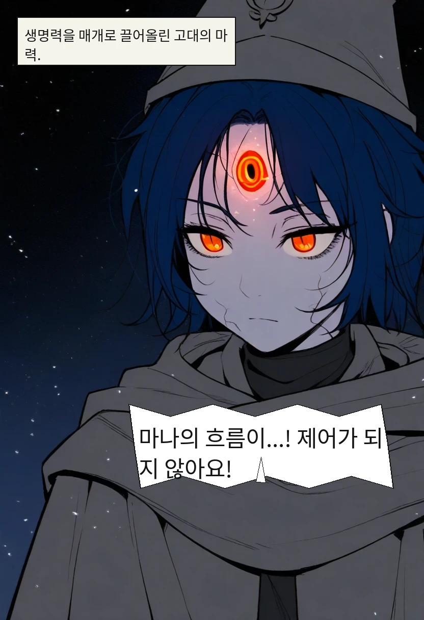 생명력을 매개로 끌어올린 고대의 마력. / 엘리안: 마나의 흐름이...! 제어가 되지 않아요!