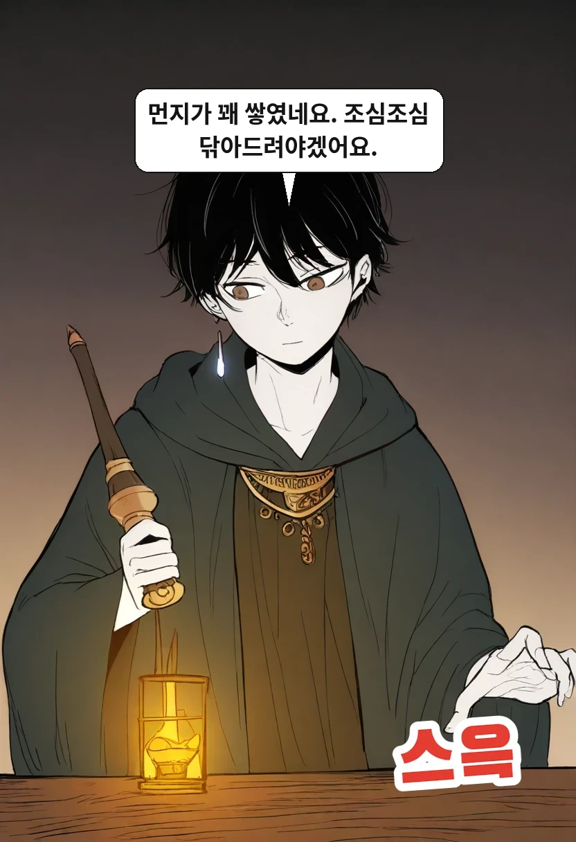 이한: 먼지가 꽤 쌓였네요. 조심조심 닦아드려야겠어요.