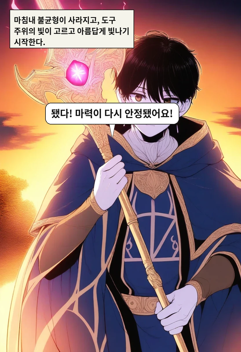 마침내 불균형이 사라지고, 도구 주위의 빛이 고르고 아름답게 빛나기 시작한다. / 이한: 됐다! 마력이 다시 안정됐어요!