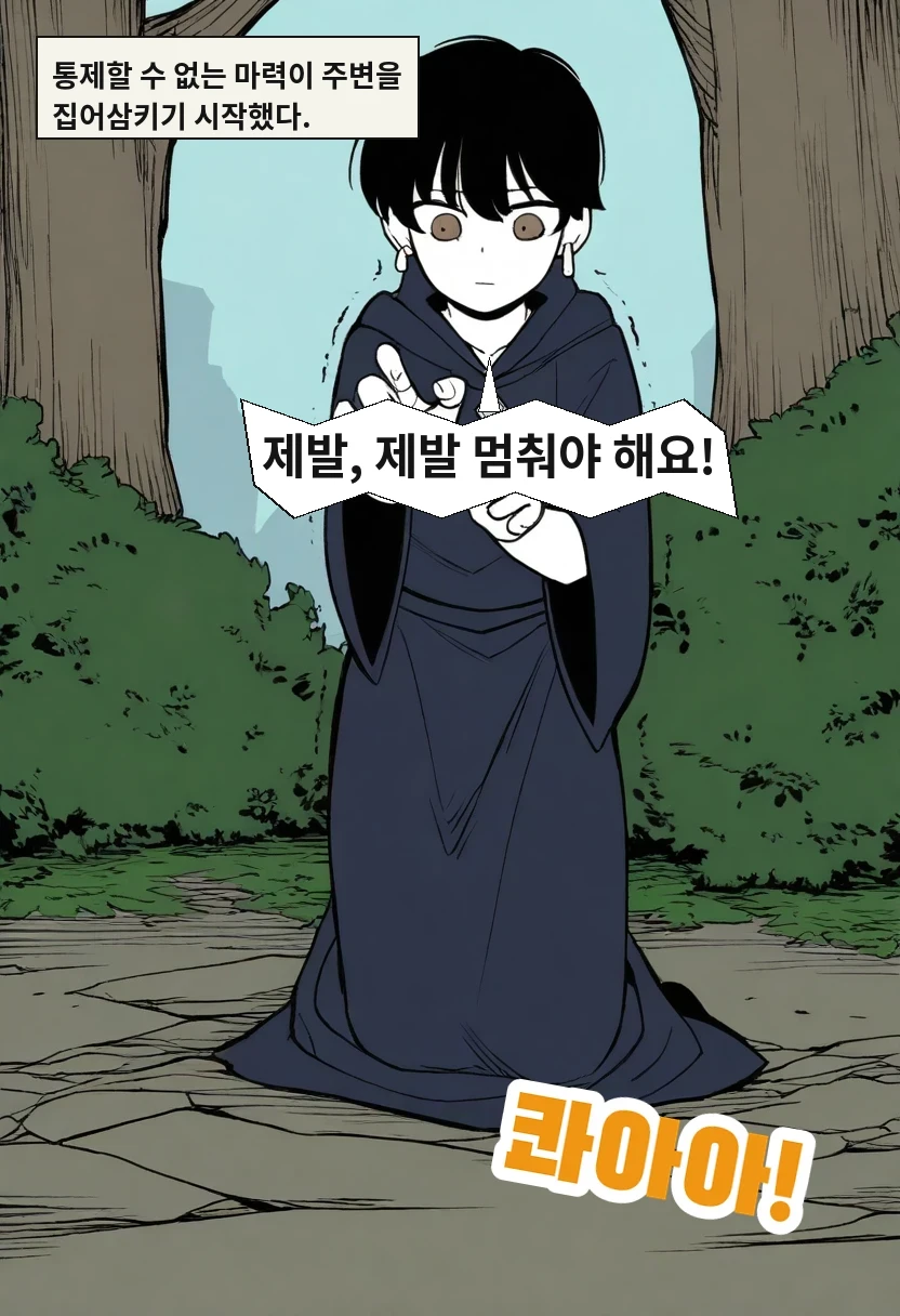 통제할 수 없는 마력이 주변을 집어삼키기 시작했다. / 이한: 제발, 제발 멈춰야 해요!