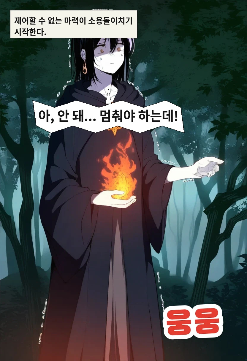 제어할 수 없는 마력이 소용돌이치기 시작한다. / 이한: 아, 안 돼... 멈춰야 하는데!