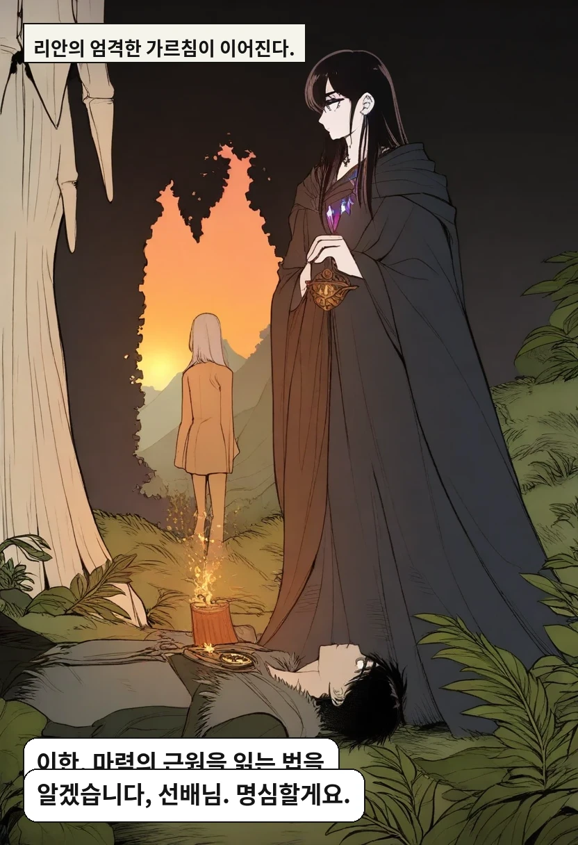 리안의 엄격한 가르침이 이어진다. / 리안: 이한, 마력의 근원을 읽는 법을 익혀라. / 이한: 알겠습니다, 선배님. 명심할게요.