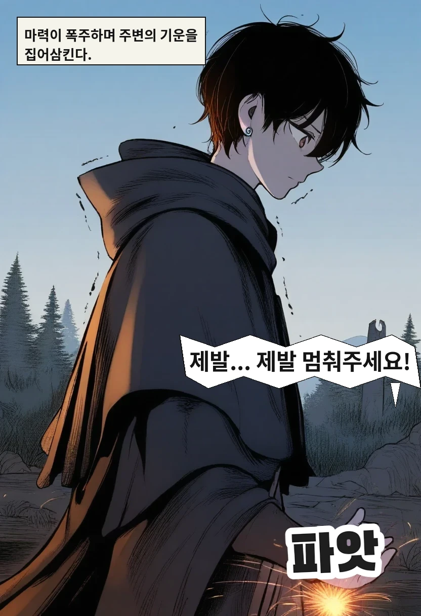 마력이 폭주하며 주변의 기운을 집어삼킨다. / 이한: 제발... 제발 멈춰주세요!