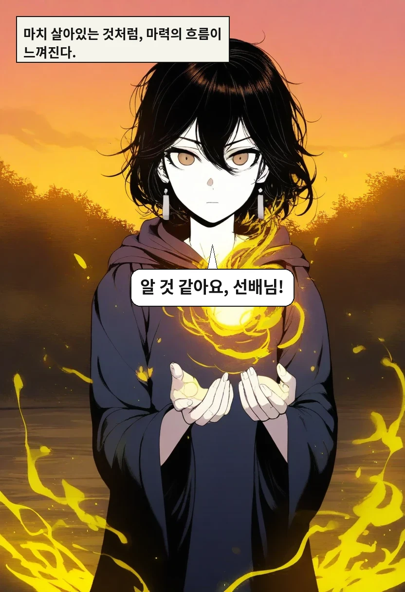 마치 살아있는 것처럼, 마력의 흐름이 느껴진다. / 이한: 알 것 같아요, 선배님!