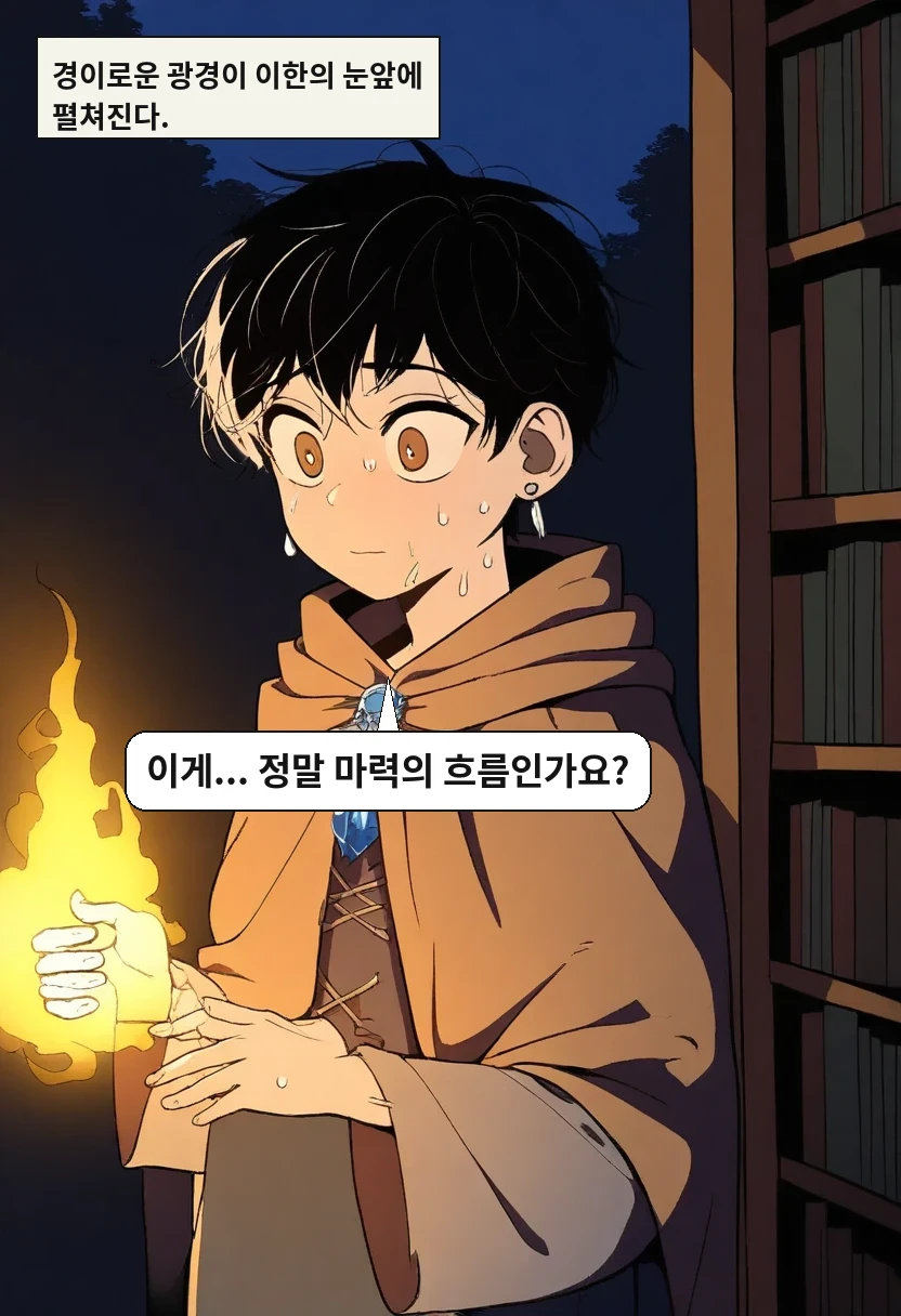 경이로운 광경이 이한의 눈앞에 펼쳐진다. / 이한: 이게... 정말 마력의 흐름인가요?