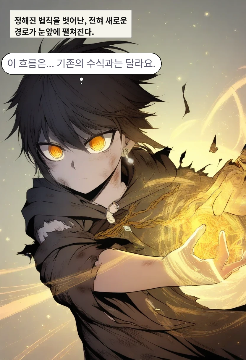 정해진 법칙을 벗어난, 전혀 새로운 경로가 눈앞에 펼쳐진다. / 이한: 이 흐름은... 기존의 수식과는 달라요.