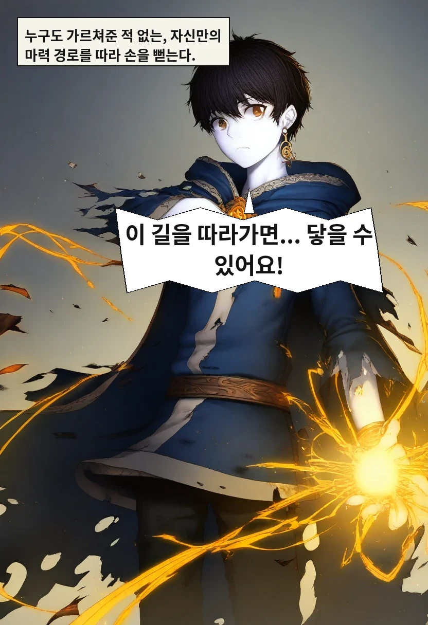 누구도 가르쳐준 적 없는, 자신만의 마력 경로를 따라 손을 뻗는다. / 이한: 이 길을 따라가면... 닿을 수 있어요!