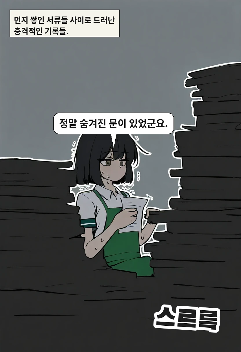 먼지 쌓인 서류들 사이로 드러난 충격적인 기록들. / 한가을: 정말 숨겨진 문이 있었군요.