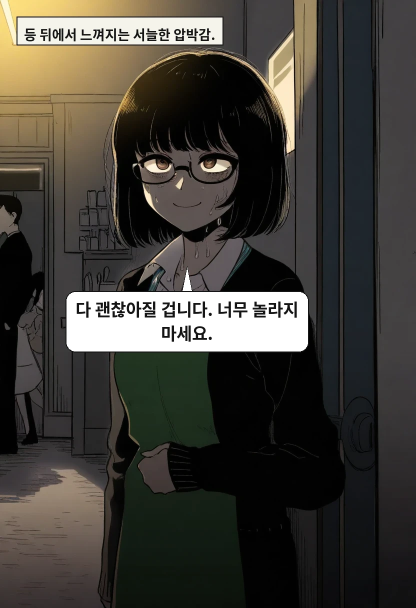 등 뒤에서 느껴지는 서늘한 압박감. / 최 점장: 다 괜찮아질 겁니다. 너무 놀라지 마세요.
