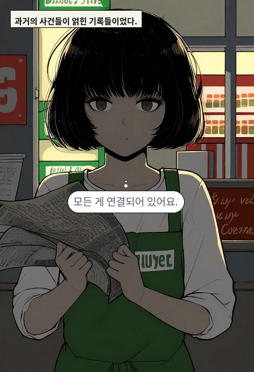 과거의 사건들이 얽힌 기록들이었다. / 한가을: 모든 게 연결되어 있어요.