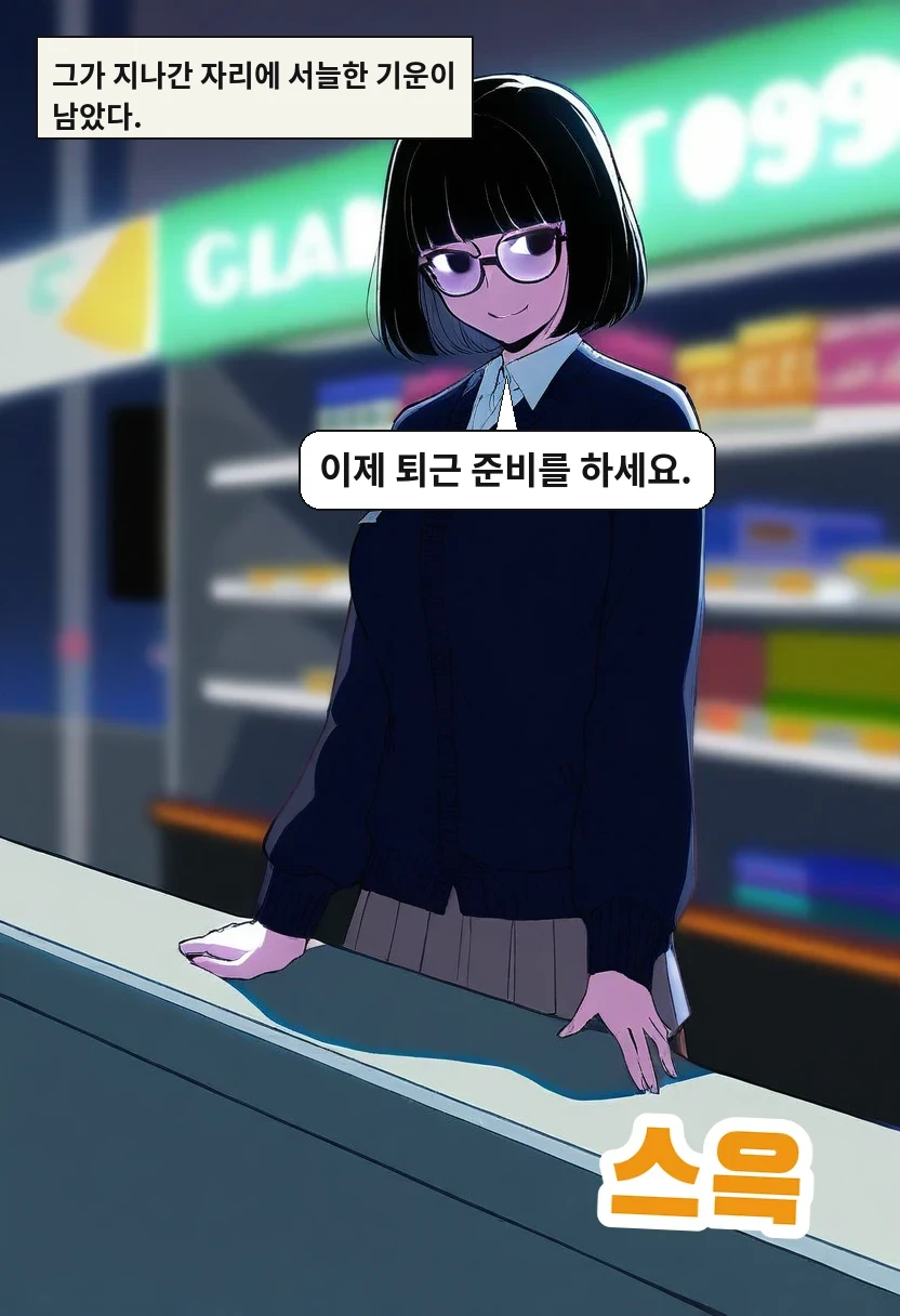 그가 지나간 자리에 서늘한 기운이 남았다. / 최 점장: 이제 퇴근 준비를 하세요.
