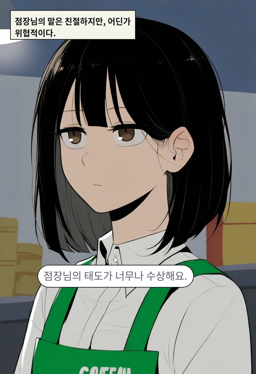 점장님의 말은 친절하지만, 어딘가 위협적이다. / 한가을: 점장님의 태도가 너무나 수상해요.