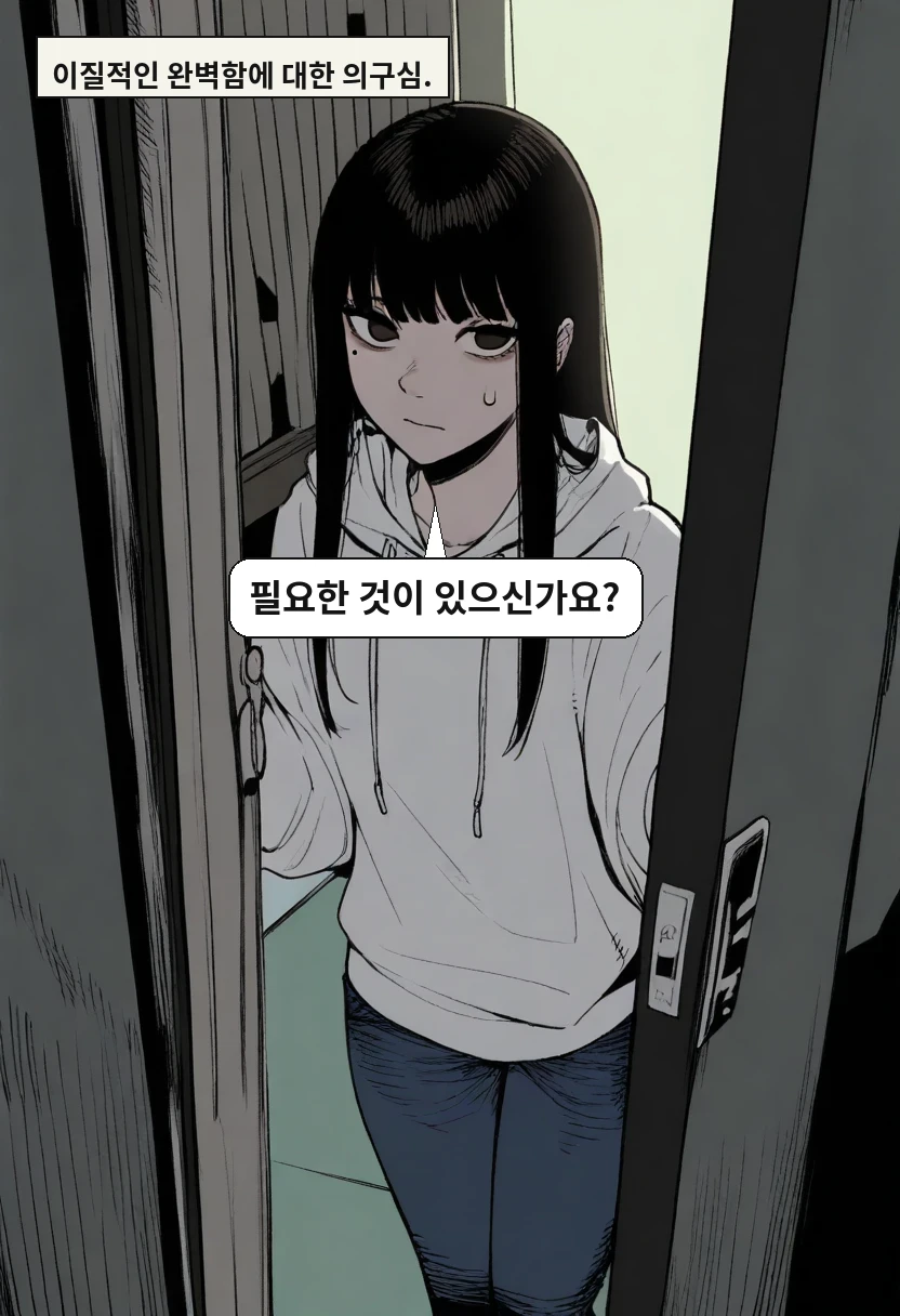 이질적인 완벽함에 대한 의구심. / 한지우: 필요한 것이 있으신가요?