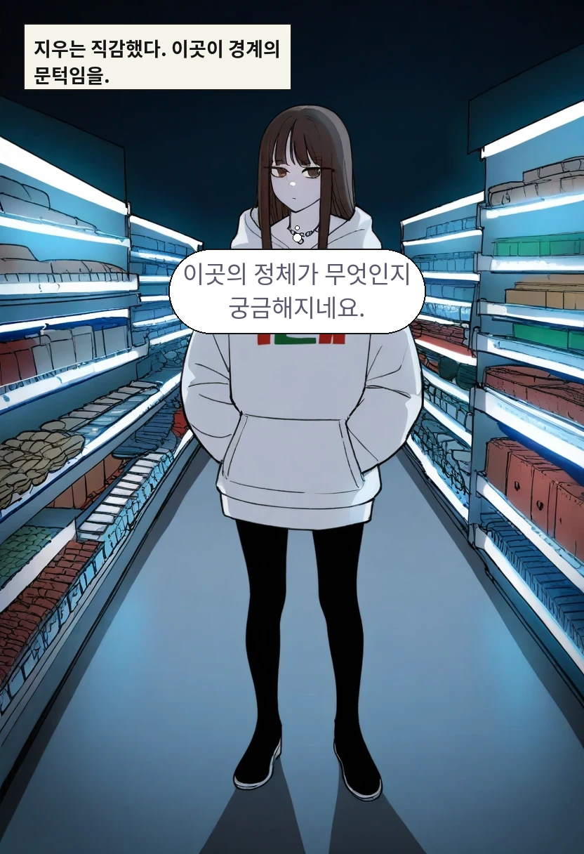 지우는 직감했다. 이곳이 경계의 문턱임을. / 한지우: 이곳의 정체가 무엇인지 궁금해지네요.