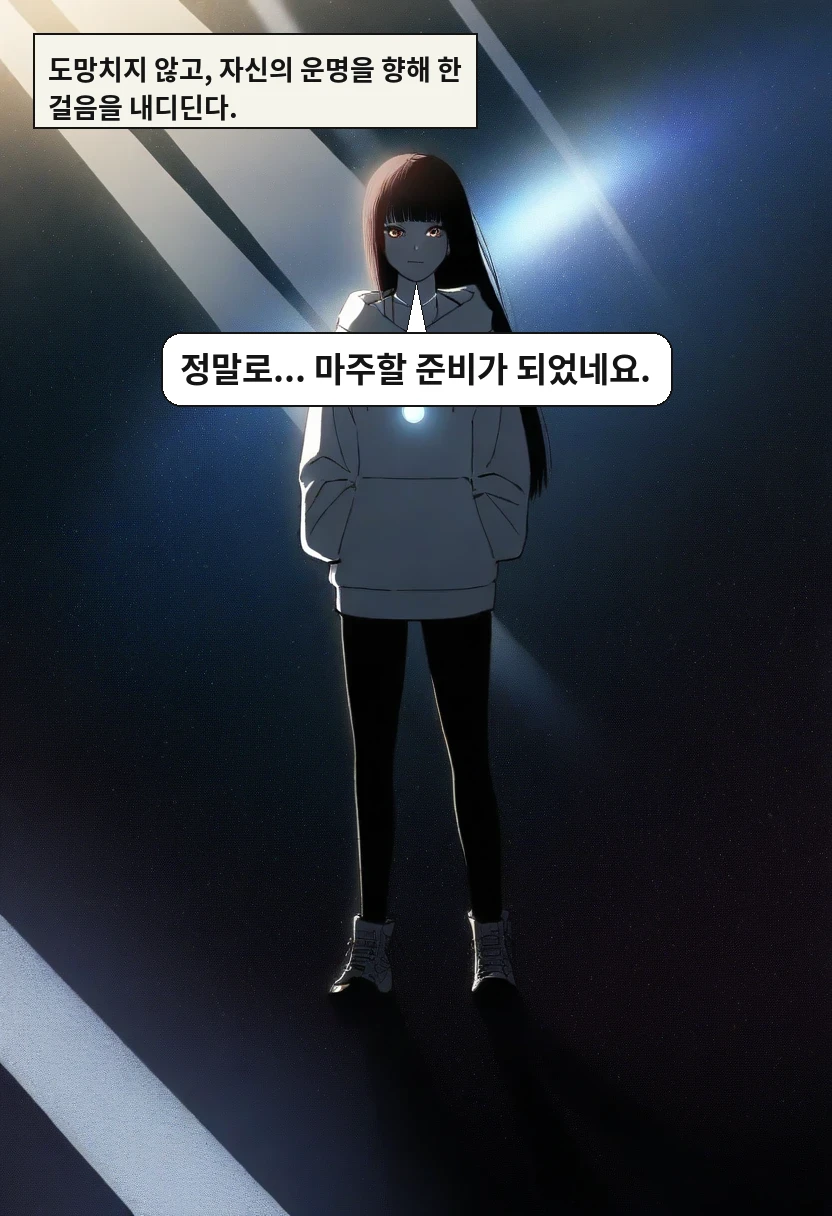도망치지 않고, 자신의 운명을 향해 한 걸음을 내디딘다. / 한지우: 정말로... 마주할 준비가 되었네요.