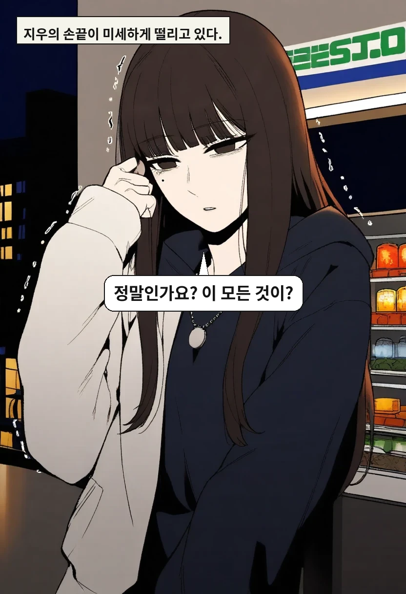 지우의 손끝이 미세하게 떨리고 있다. / 한지우: 정말인가요? 이 모든 것이?