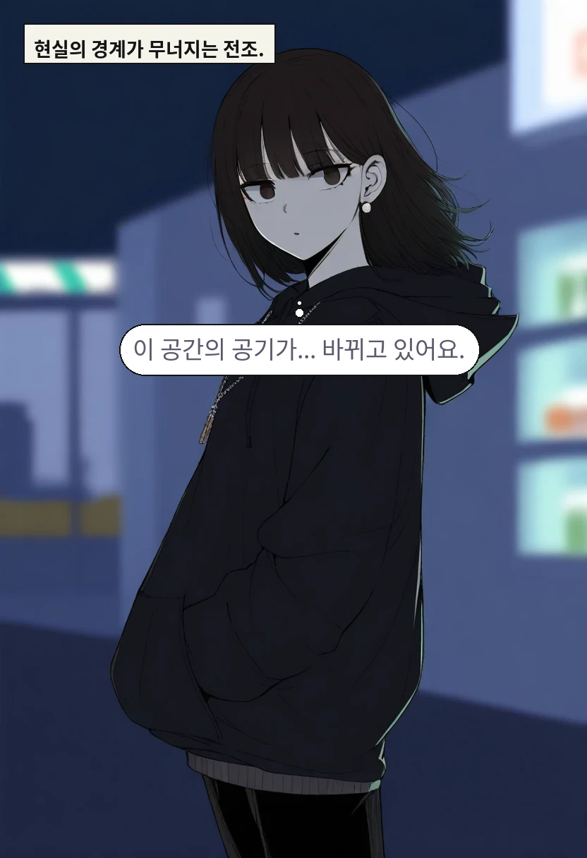 현실의 경계가 무너지는 전조. / 한지우: 이 공간의 공기가... 바뀌고 있어요.