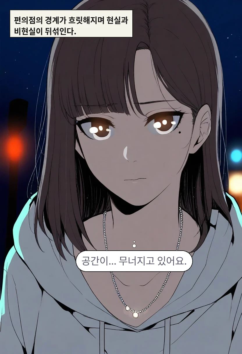 편의점의 경계가 흐릿해지며 현실과 비현실이 뒤섞인다. / 한지우: 공간이... 무너지고 있어요.