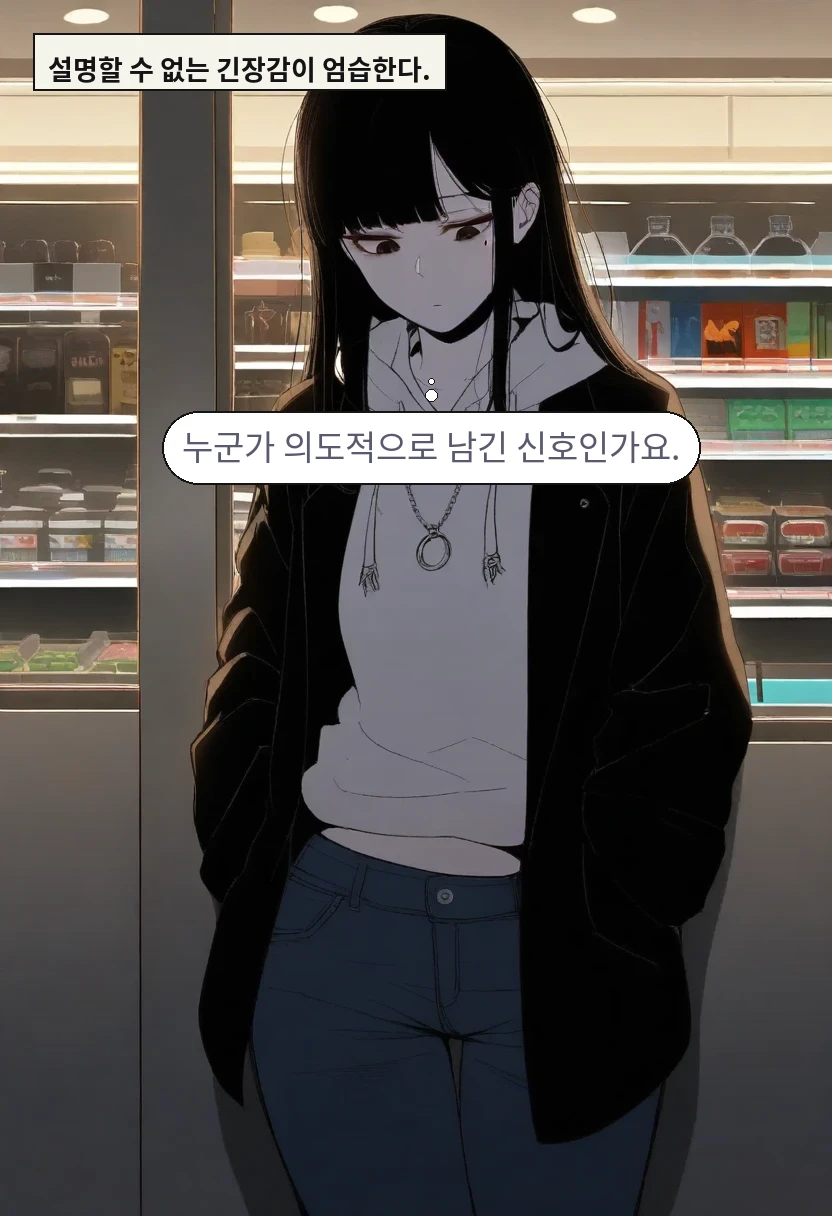 설명할 수 없는 긴장감이 엄습한다. / 한지우: 누군가 의도적으로 남긴 신호인가요.