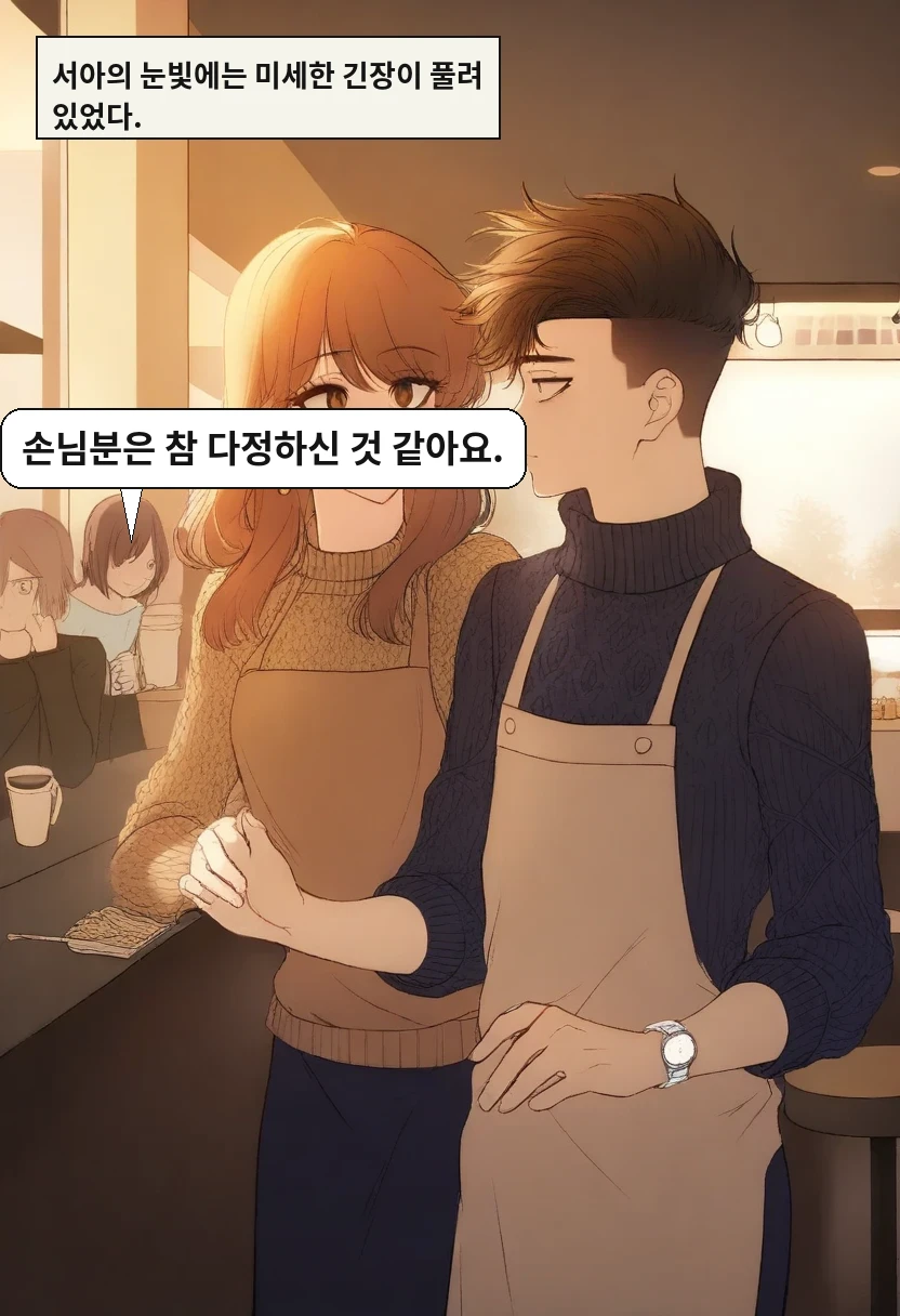 서아의 눈빛에는 미세한 긴장이 풀려 있었다. / 이서아: 손님분은 참 다정하신 것 같아요.