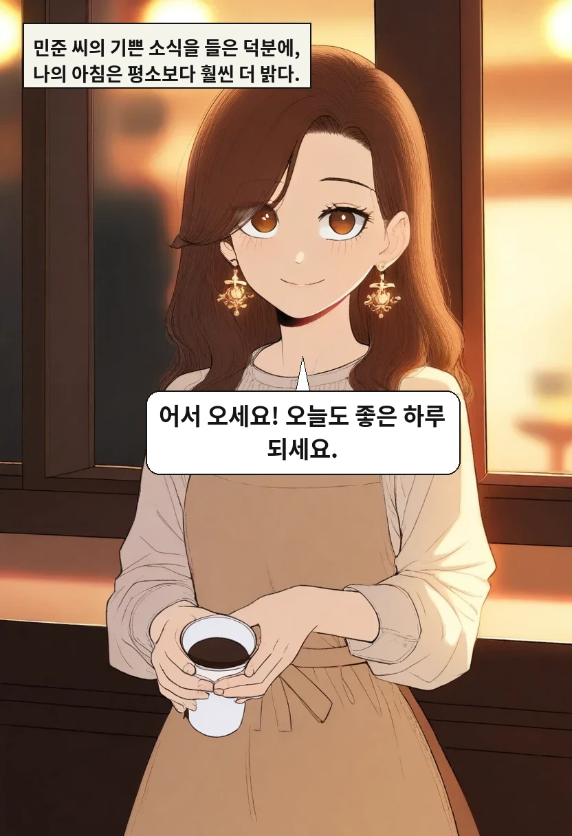 민준 씨의 기쁜 소식을 들은 덕분에, 나의 아침은 평소보다 훨씬 더 밝다. / 이서아: 어서 오세요! 오늘도 좋은 하루 되세요.