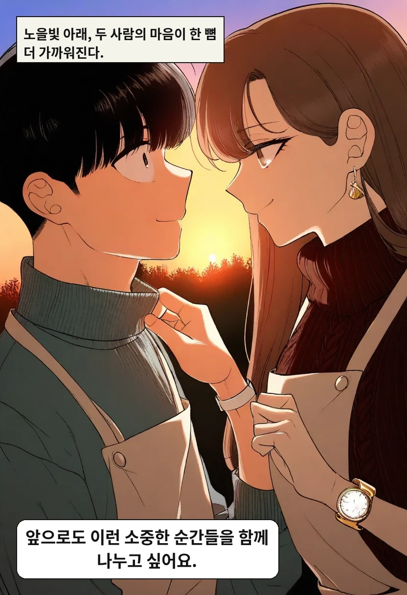 노을빛 아래, 두 사람의 마음이 한 뼘 더 가까워진다. / 이서아: 앞으로도 이런 소중한 순간들을 함께 나누고 싶어요.