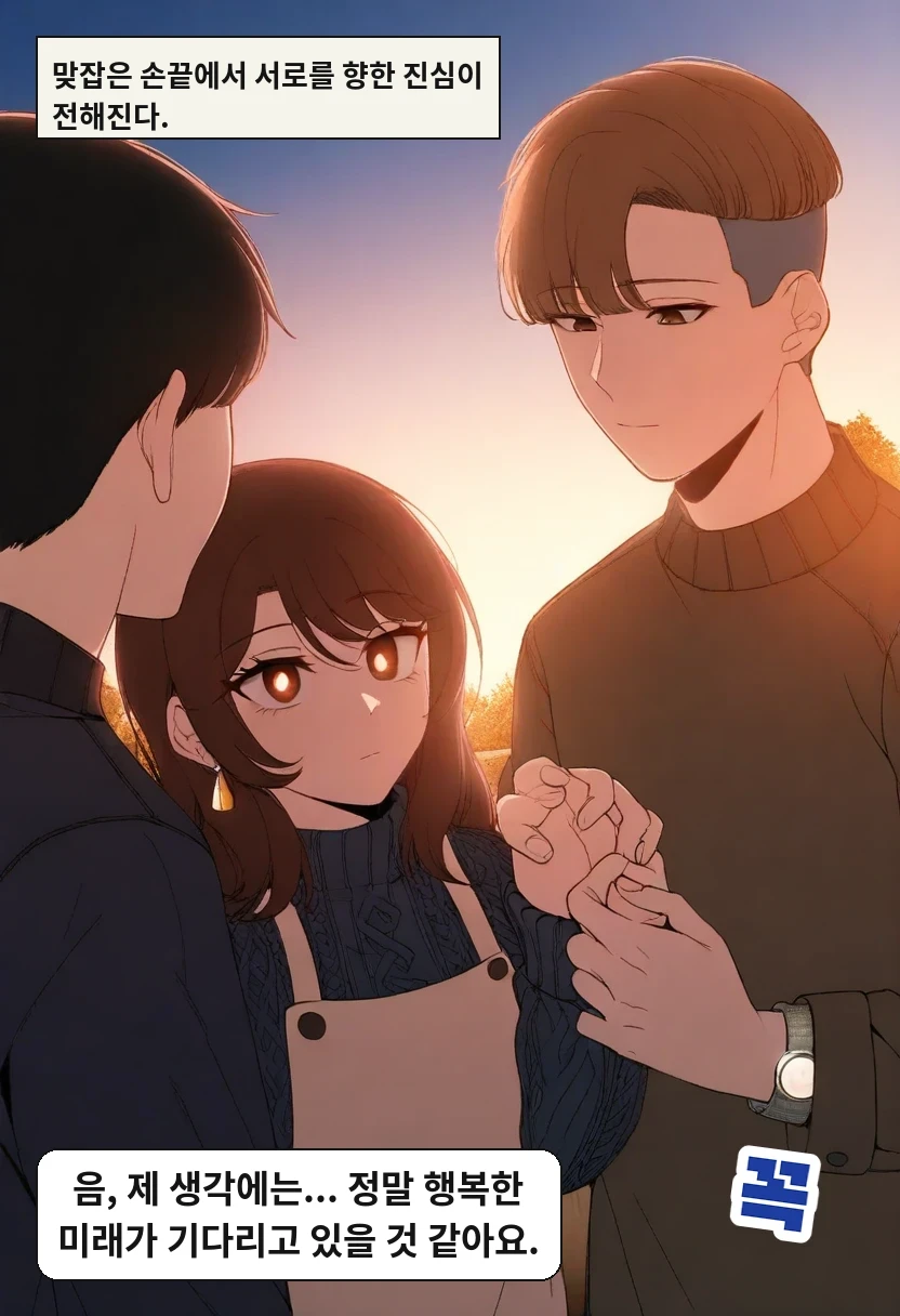 맞잡은 손끝에서 서로를 향한 진심이 전해진다. / 이서아: 음, 제 생각에는... 정말 행복한 미래가 기다리고 있을 것 같아요.