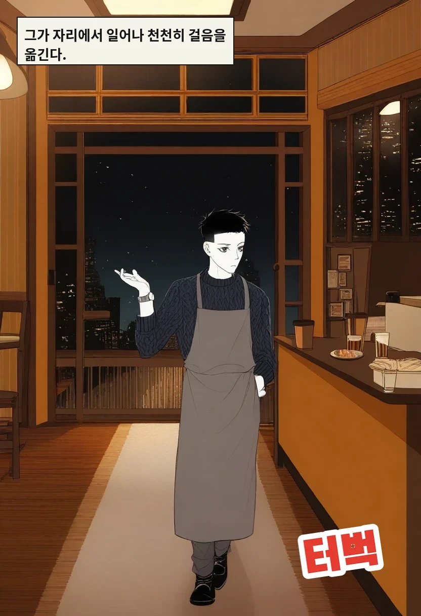 그가 자리에서 일어나 천천히 걸음을 옮긴다.