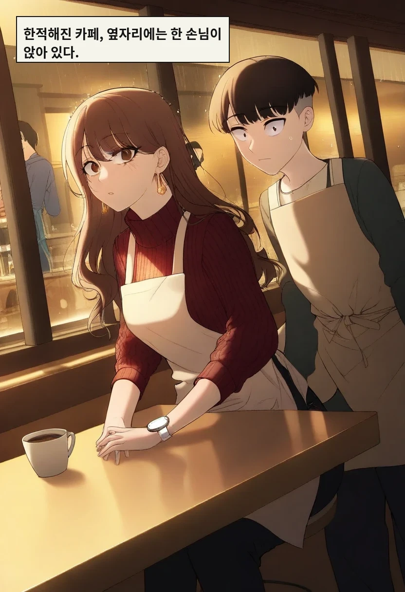 한적해진 카페, 옆자리에는 한 손님이 앉아 있다.