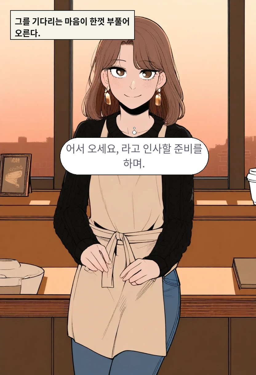 그를 기다리는 마음이 한껏 부풀어 오른다. / 이서아: 어서 오세요, 라고 인사할 준비를 하며.