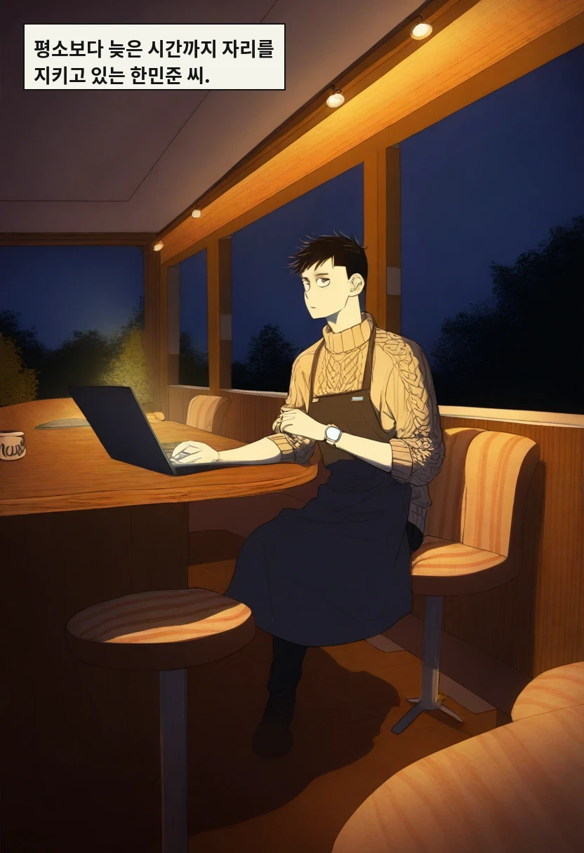 평소보다 늦은 시간까지 자리를 지키고 있는 한민준 씨.