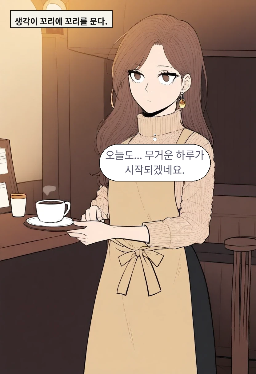 생각이 꼬리에 꼬리를 문다. / 이서아: 오늘도... 무거운 하루가 시작되겠네요.